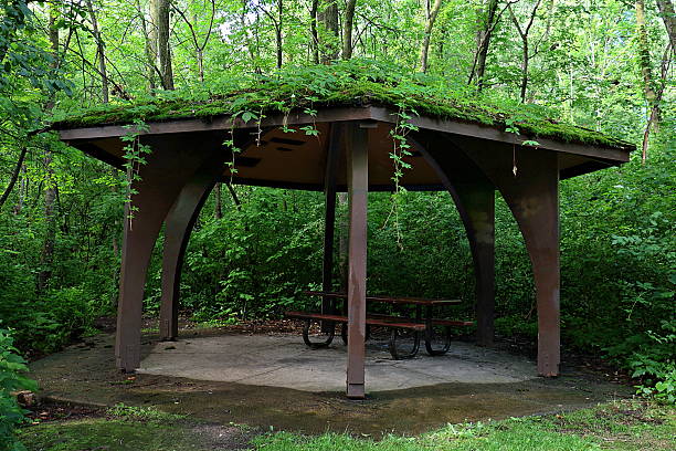 Picnic tables under wood shelter structure in suburban neighborhood city park springtime