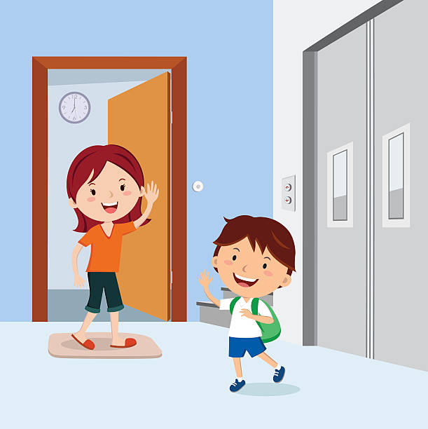Little Boy Waving To His Mother Before Leaving To School Stock Illustration  - Download Image Now - iStock