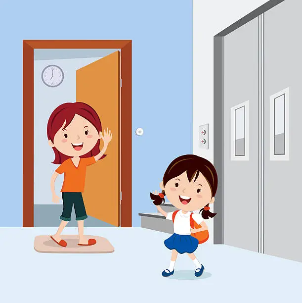 Vector illustration of Little girl waving to his mother before leaving to school