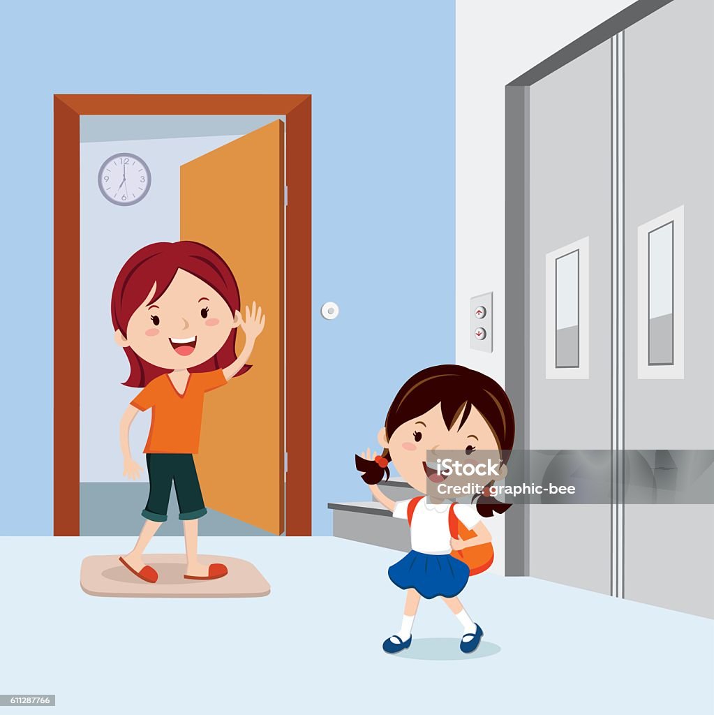 Bé Gái Vẫy Tay Chào Mẹ Trước Khi Đi Học Hình minh họa Sẵn có - Tải ...
