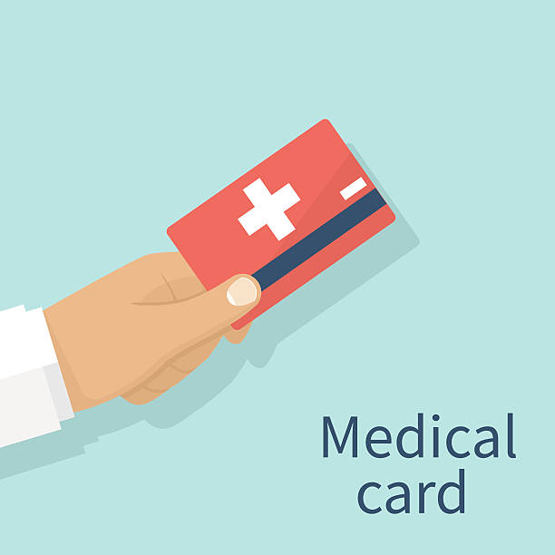 Medical insurance cards Medical insurance cards holding in hand doctor.  Isolated on background. Vector illustration flat design. Medical service concept hospital card stock illustrations