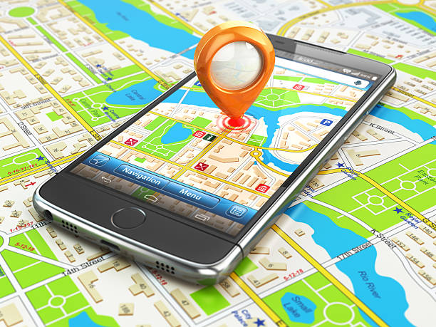 istock Mobile GPS navigation travel concept. Smartphonewith pin on city 611289172