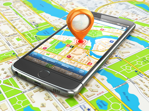 Mobile GPS navigation travel concept. Smartphonewith pin on city map. 3d illustration