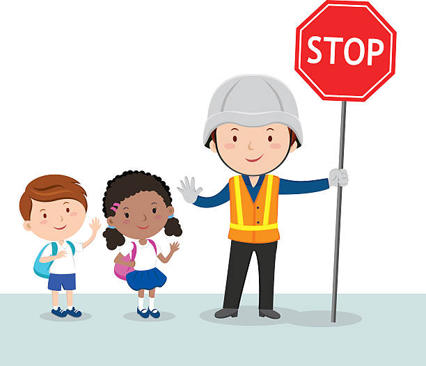 Traffic guard and school kids Crossing guard holding stop traffic sign and showing hand palm. traffic police stock illustrations