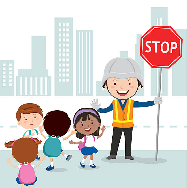 Traffic guard and school kids Traffic guard helping kids crossing road by holding a stop sign. traffic police stock illustrations