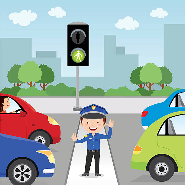Crossing the road Traffic guard helping school kids crossing road by holding a stop sign. traffic police stock illustrations