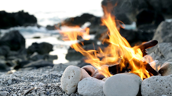 Camping fire on the Greek beach