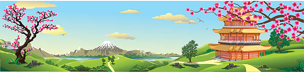 Panorama of nature, Asia Palace Panorama of nature, Asia Palace, volcano, mountains, rivers, and hills with trees. The Sakura flowers. Vector illustration japanese landscape stock illustrations