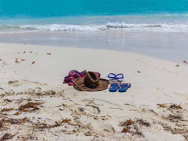 istock Straw hat, mask. sunglasses and flip flops on a tropical 611291516