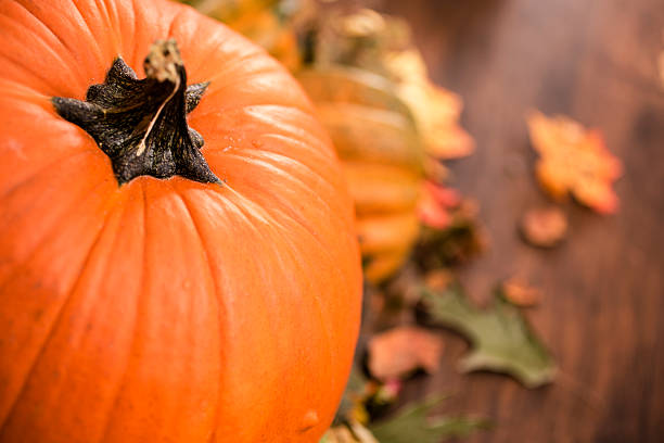 istock Autumn centerpiece with orange pumpkin, leaf decorations. 611291584