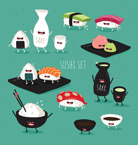 Print Funny sushi set. Bottle of sake, sushi, rice, soy sauce. Vector illustration. cartoon of the sushi plate stock illustrations
