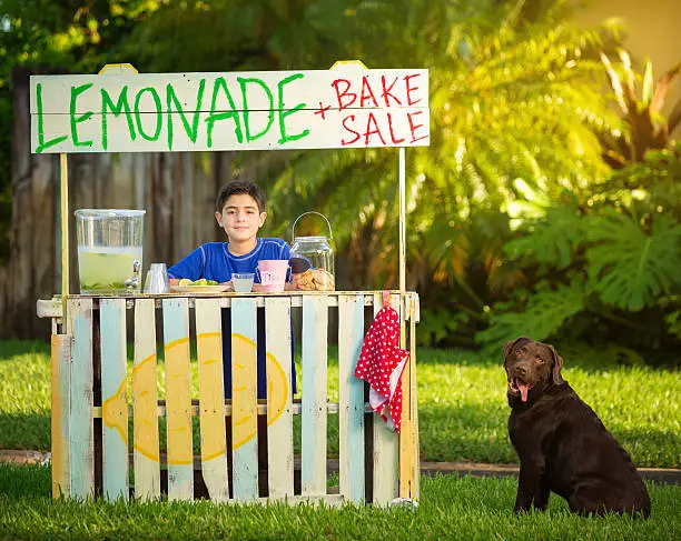 Boy and dog selling lemonade