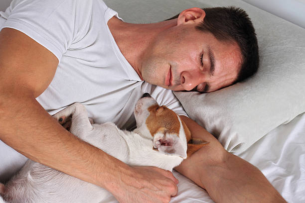 istock Man and dog sleeping together. Pet Allergies concept 611292816