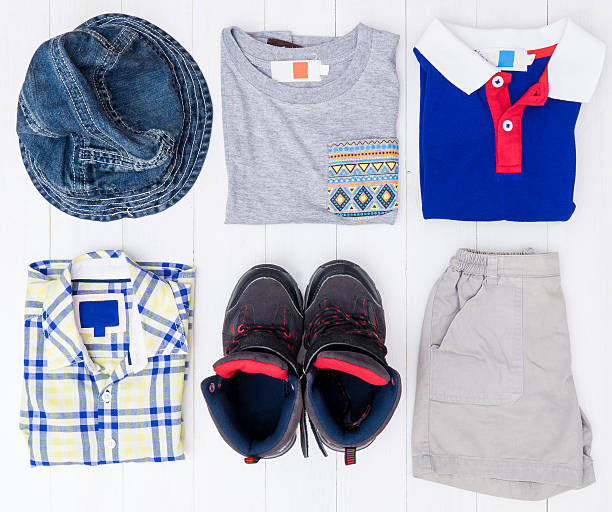 istock Small boy casual fashion set flat lay top view 611293830
