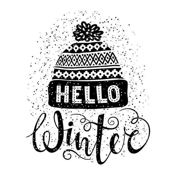 Ciao testo invernale e berretto di lana a maglia. Concetto di shopping stagionale - illustrazione arte vettoriale
