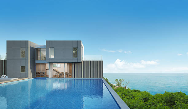 현대적인 디자인의 수영장이있는 바다 전망 하우스 - luxury house villa swimming pool 뉴스 사진 이미지