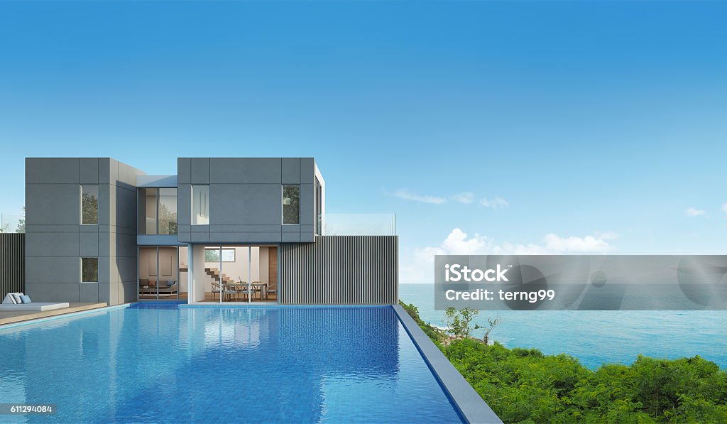 sea view house with pool in modern design 3d rendering of building and swimming pool House Stock Photo