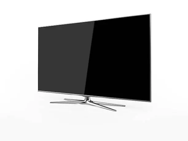 UHD 4K Smart Tv standing on white background. Side view. Clipping path is included.