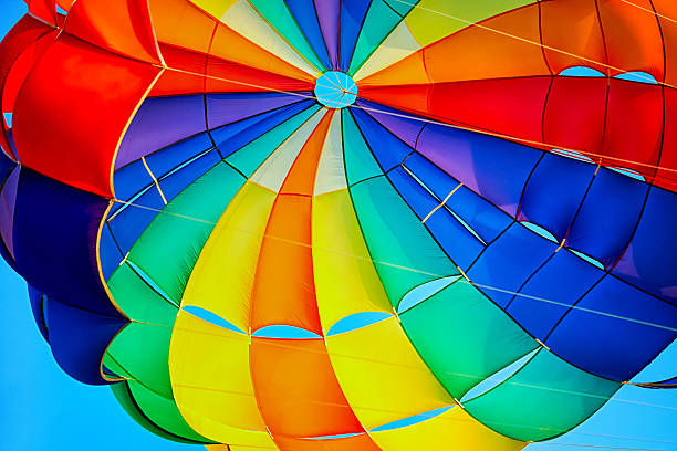 canopy of a multicolor parachute in air. - parasailing stok fotoğraflar ve resimler