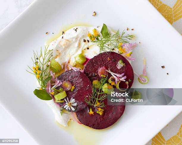 Gourmet Beet Salad Close Up Stock Photo - Download Image Now - Gourmet, Plate, Elegance