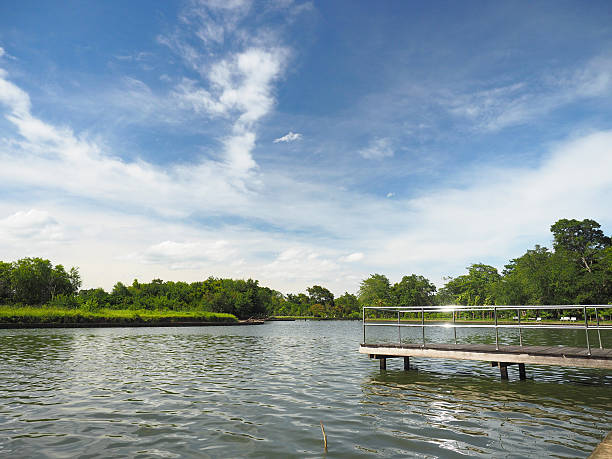 istock Stainless bridge and the lake with sunshine 611297564