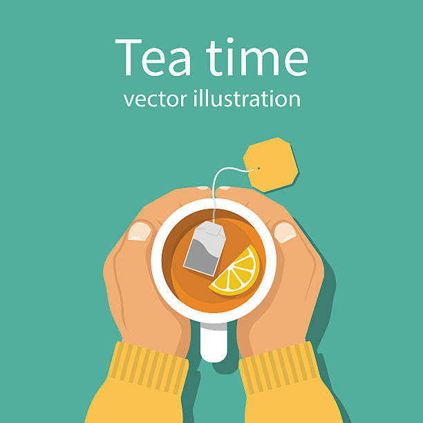 Cup of tea in hands of men Cup of tea in hands of men. Brewed bag tea with lemon. Man warming hands touching a hot cup of tea. Time relax. Vector illustration flat design. Isolated on background. tea stock illustrations