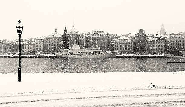 stockholm with snow in winter, black and white image. - stockholm sweden sea winter imagens e fotografias de stock