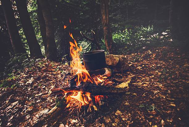 istock Cooking Kettle on Fire Flame burning outdoor in forest 611301906
