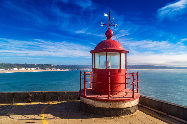 Closeup of a lighthouse lamp room on blue sky background in Nazare, Portugal