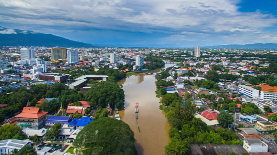 Aerial view Ping river in Chiang Mai City, High angle view Planning Thailand.Aerial view Chiang Mai City, High angle view Planning Thailand.