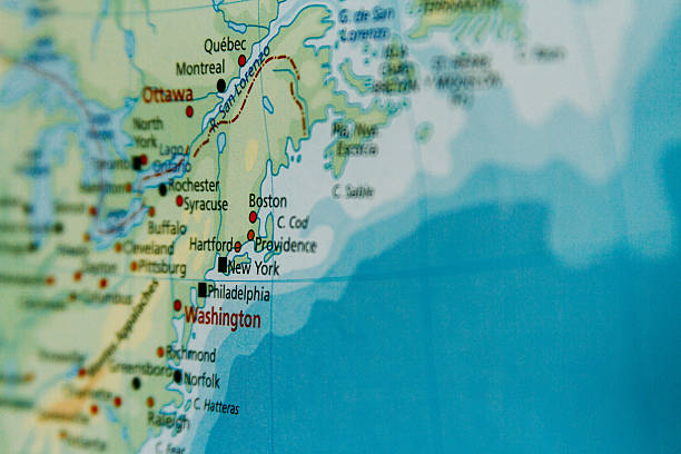 istock Map closeup macro in Washington and New York, USA 611307650