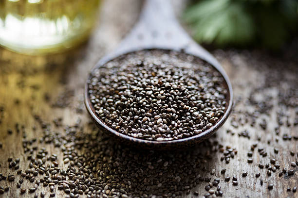 istock Wooden spoon oil chia seeds 611309508