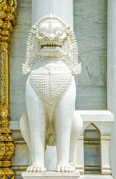 istock Lions Guarding The Marble Temple Wat Benjamabophit (Full Front View) 611310286