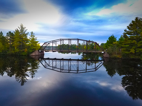 The bridge is for pedestrians only these days.  It crosses the Menominee River near Iron Mountain Michigan.  During the summer, its a great place to see kids jumping into the water.