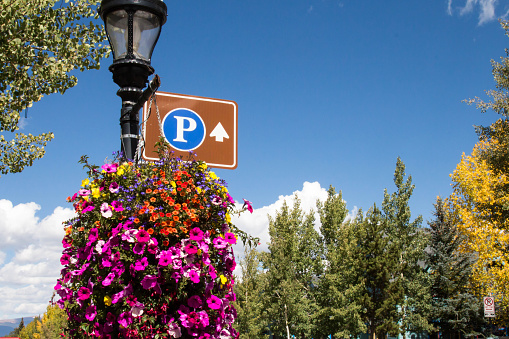 A brown and blue parking sign is hung on a street lamp with a hanging basket full of flowers.  The sign has an arrow straight up, indicating that the parking area is straight ahead.