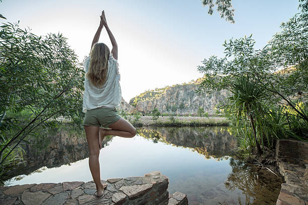 mujer joven junto al lago ejercicios de yoga en pose de árbol - waterfall zen like women meditating fotografías e imágenes de stock