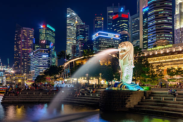 Singapore's financial district and Merlion stock photo
