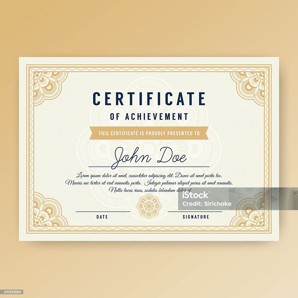 Elegant certificate of achievement with ornaments Elegant certificate of achievement with ornaments, A4 size with bleeds. Vector illustration Certificate stock vector