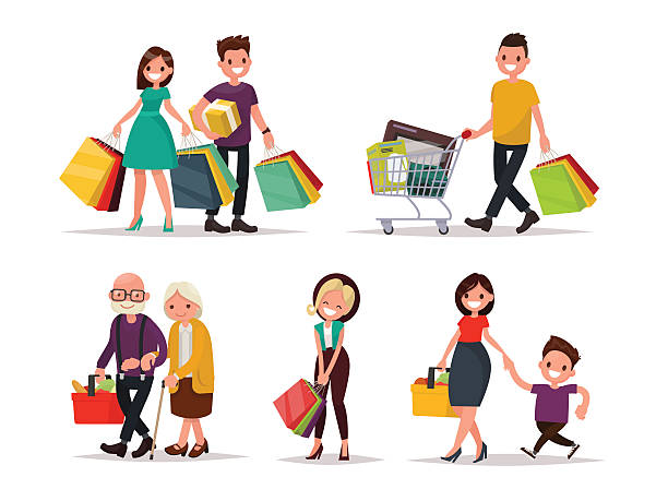 Set of characters and people shopping. Vector illustration of a Set of characters and people shopping. Vector illustration of a flat design happy family shopping stock illustrations