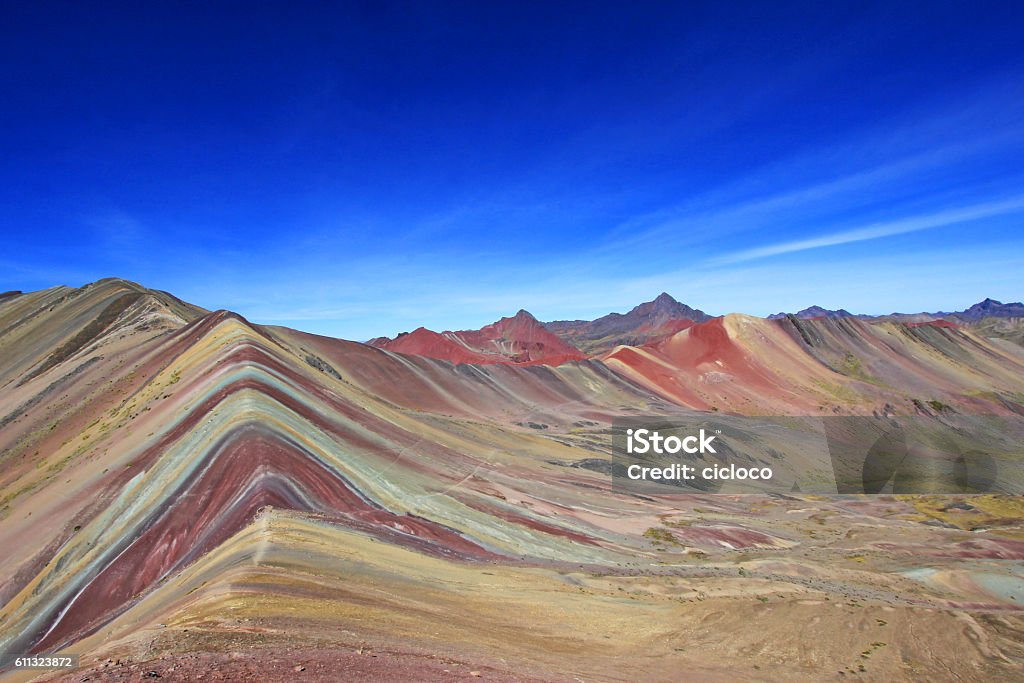 Colored Rainbow Mountain panorama Peru The beautiful colored Rainbow Mountain panorama near Cusco Peru. Nice view into the hole valley. Located about 20km south of Ausangate mountain. Cusco City Stock Photo