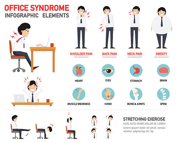 illustrazioni stock, clip art, cartoni animati e icone di tendenza di infografica sindrome ufficio,illustrazione - backache pain physical injury sport