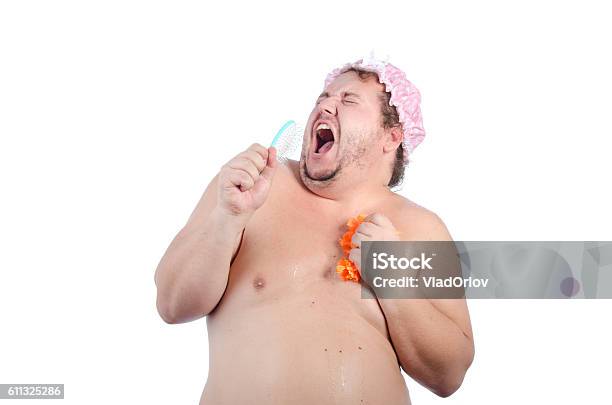 Funny Fat Man In The Shower Stock Photo - Download Image Now - Shower,  Singing, Men - iStock