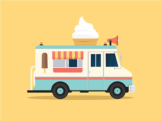 ilustraciones, imágenes clip art, dibujos animados e iconos de stock de vector ilustración de coloridos furgón de los helados en estilo plano - quick cookies