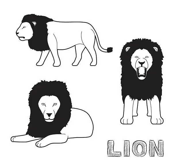 Vector illustration of Panthera Lion Cartoon Vector Illustration Monochrome