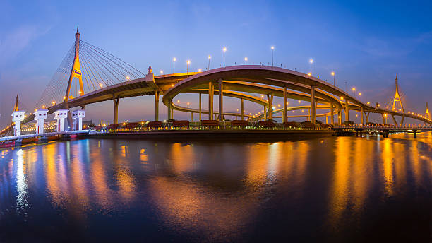 istock Panorama Twin suspension bridge connect to highway interchanged 611332374