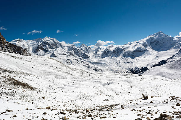 istock Snow covered winter landscape surrounding Thorong La pass. 611333156