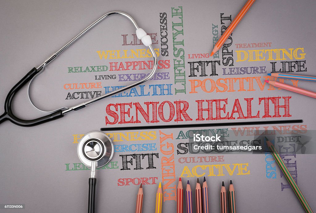 Senior Health. Colored pencils and a stetoscope on the table Senior Health. Colored pencils and a stetoscope on the table. Activity Stock Photo