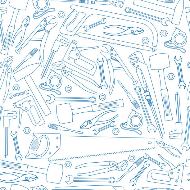 ilustraciones, imágenes clip art, dibujos animados e iconos de stock de patrón sin fisuras de iconos de herramientas de reparación - hardware store work tool carpentry home improvement