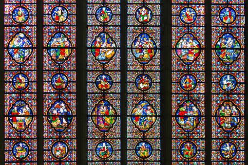 Colorful stained glass window of church in Dinant, Belgium