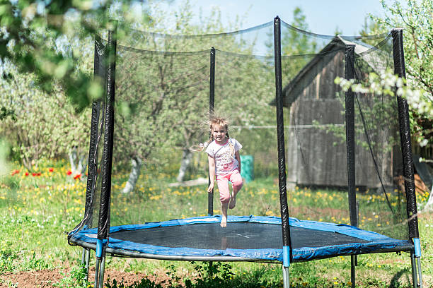 istock Little girl jumping on the trampoline 611593538